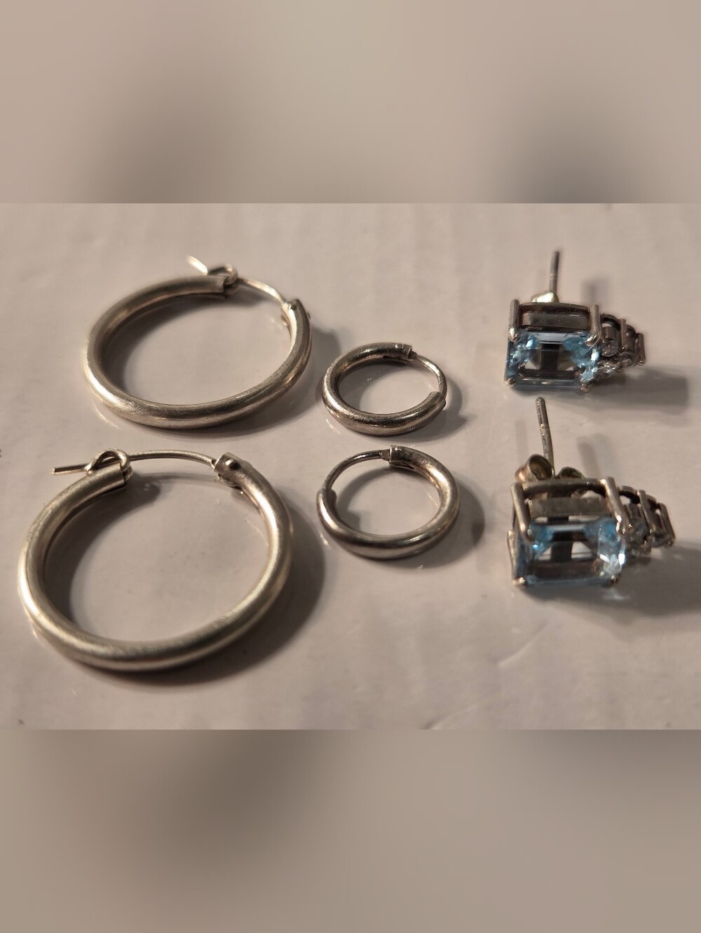 Sterling Silver Hoops and Blue Gem Stud Earring Set